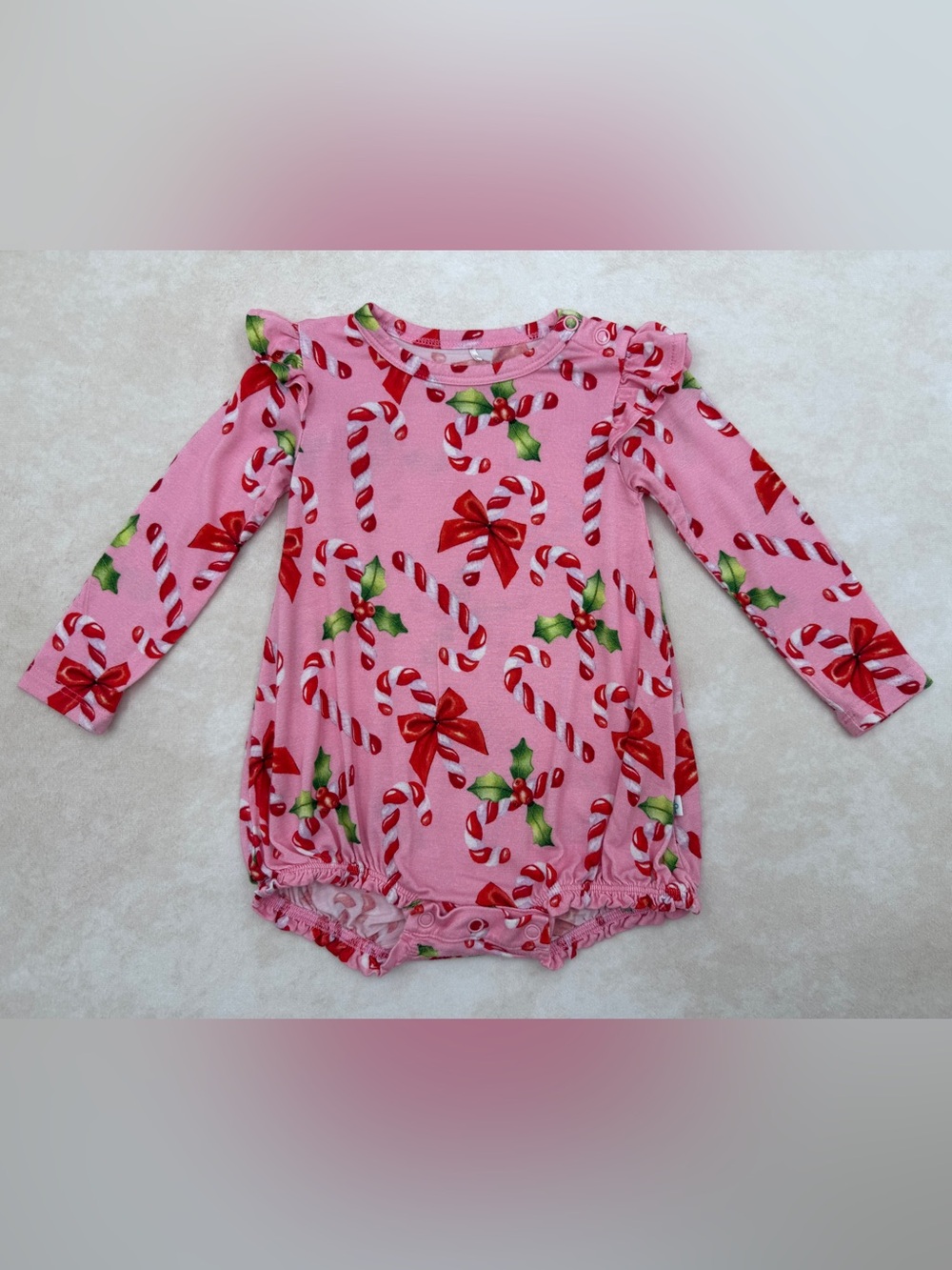 Posh Peanut Pink Candy Cane Print Ruffle Bubble Romper